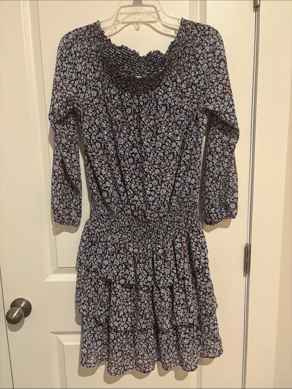 Michael Kors Black Smocked Off-Shoulder Floral  Dress